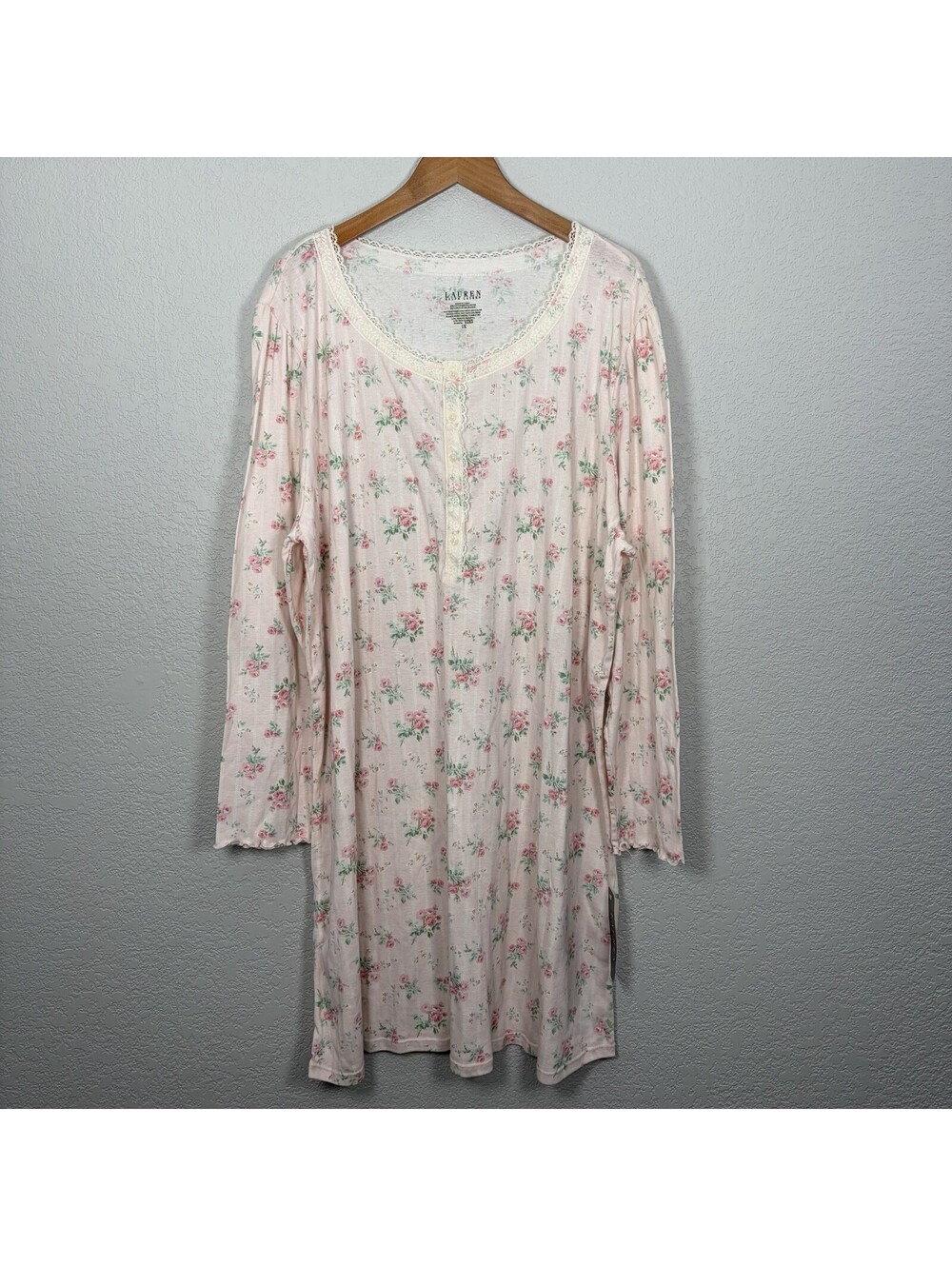 NWT Lauren Ralph Lauren 1X Pink Floral Sleep Shirt Lace Trim Long Sleeve Cozy